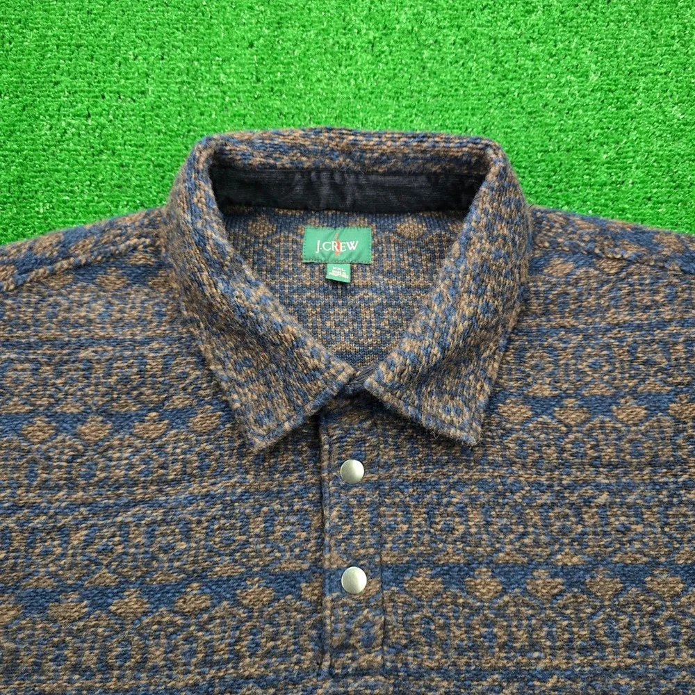 J Crew Sweater Mens 2XL Geometric‎ Wool Blend Fleece 1/4 Snap Collar Pullover